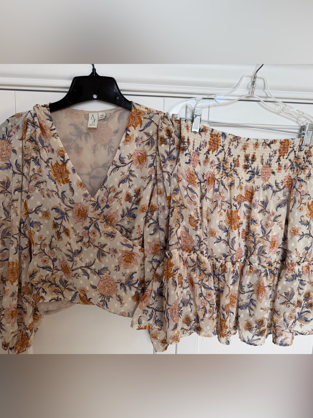 Joie Beige Floral Blouse & Skirt Set- Small